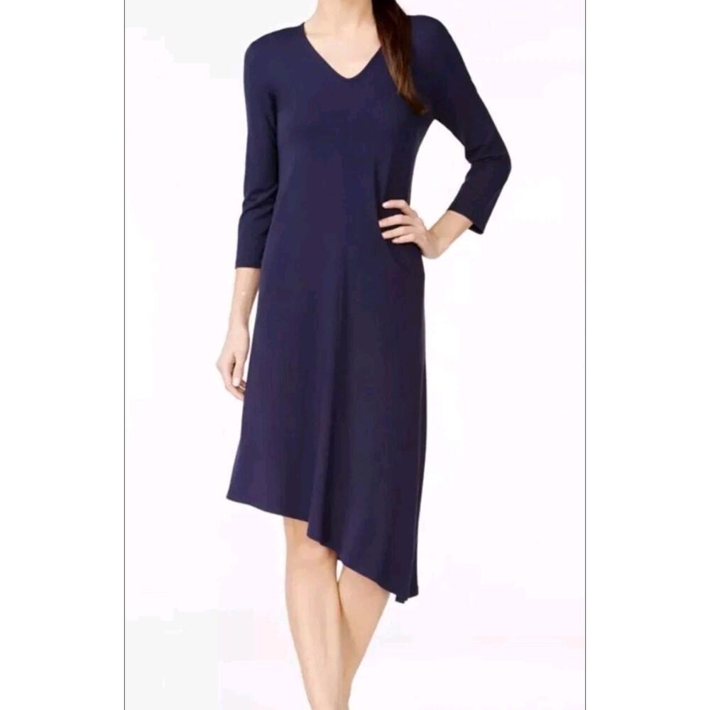 Eileen Fisher Midi Dress M 3/4 Sleeve Asymmetrical Hem Jersey Knit Navy Blue